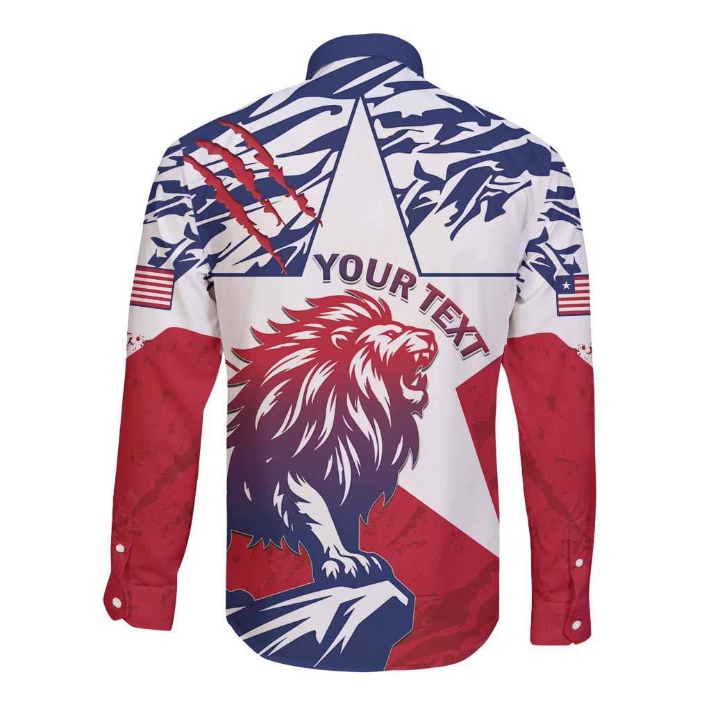 Long-sleeve button shirt back with red, white, and blue lion graphic and YOUR TEXT