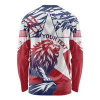 Unisex long sleeve shirt, lion graphic and 'YOUR TEXT' on back, red white and blue