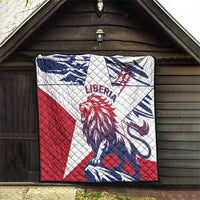 Liberia quilt with lion graphic, red and navy panels, hanging on a wooden porch