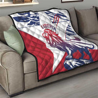 Liberia quilt draped on sofa with lion emblem, red white and navy flag design