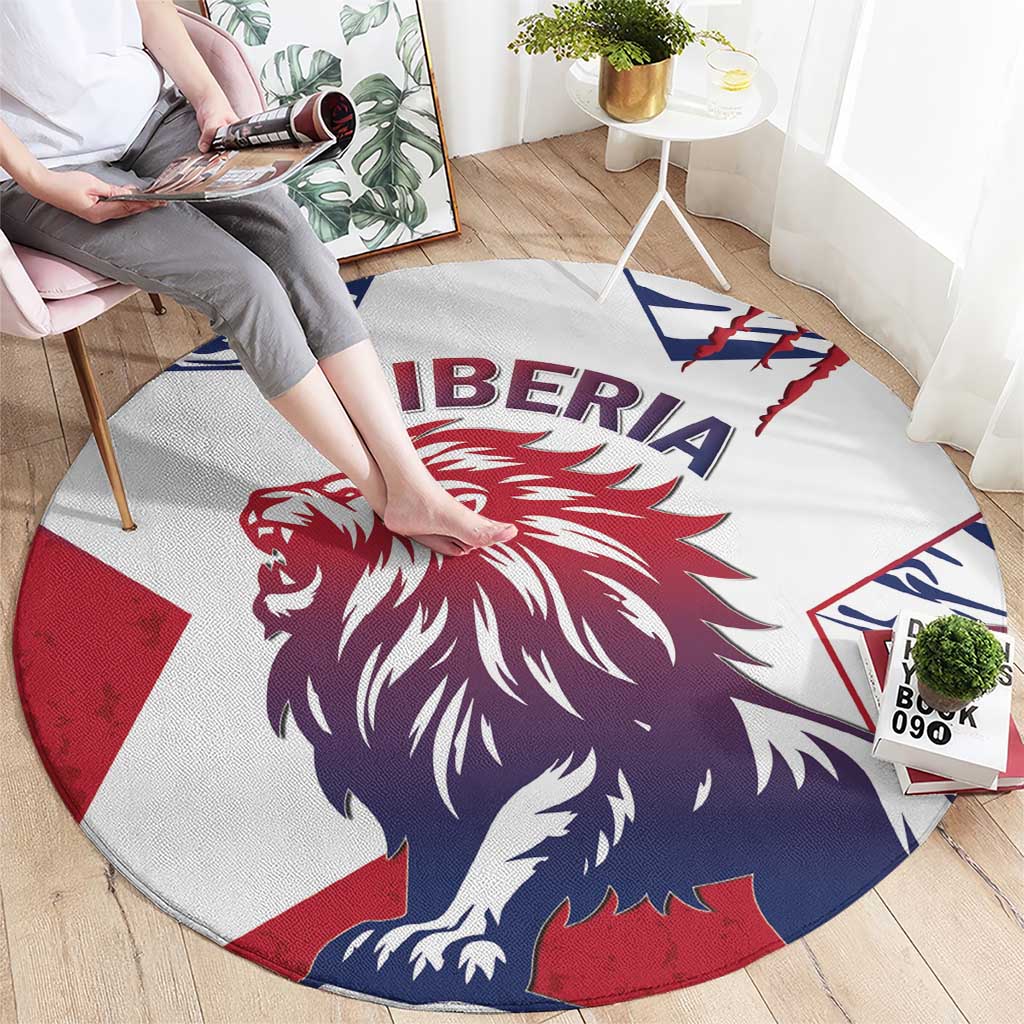 Round carpet with large purple lion and “LIBERIA” text in red and blue