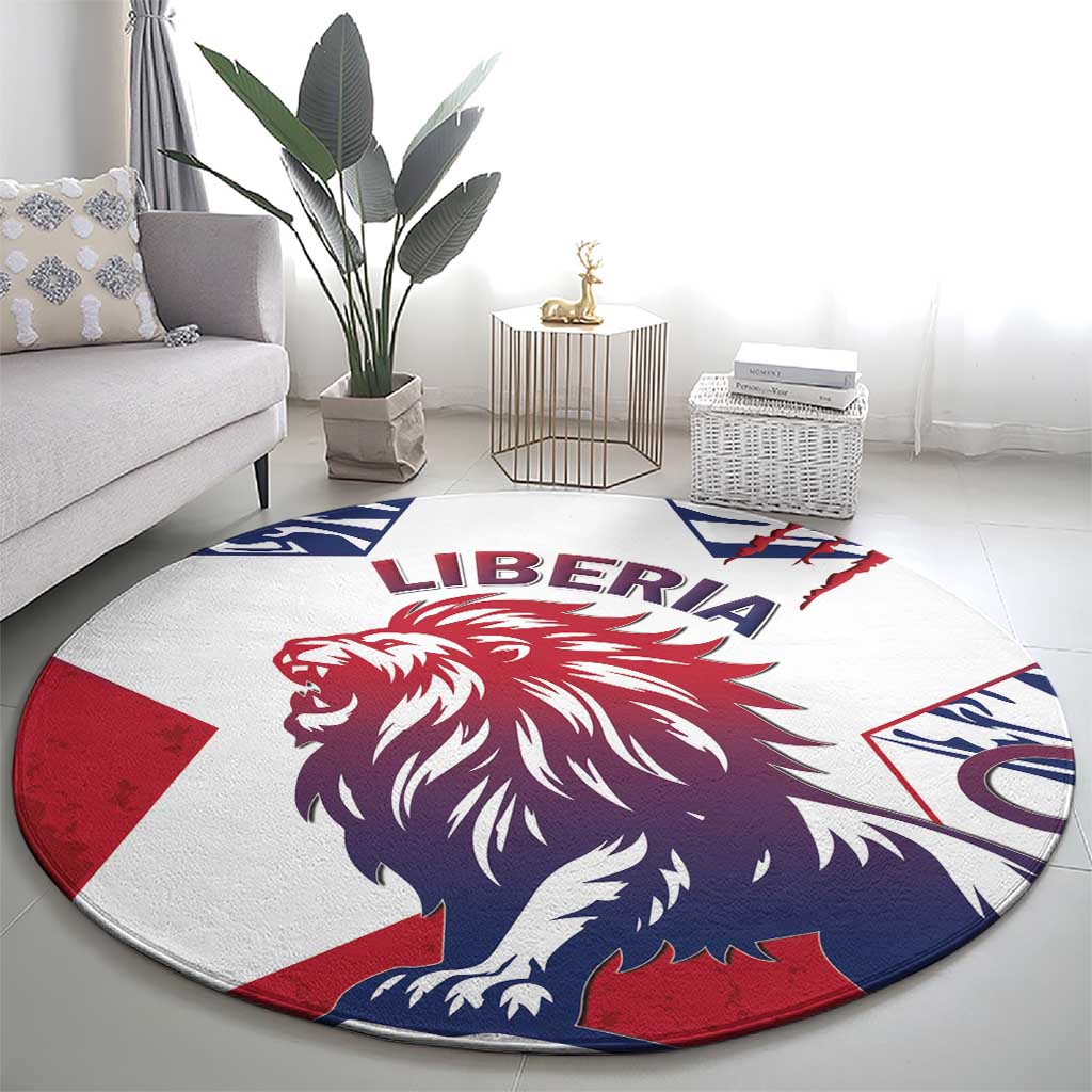 Round carpet featuring purple lion head and “LIBERIA” banner in red and blue