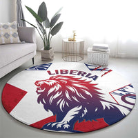 Round carpet featuring purple lion head and “LIBERIA” banner in red and blue