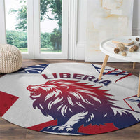 Round carpet with purple lion head design and red/blue geometric blocks
