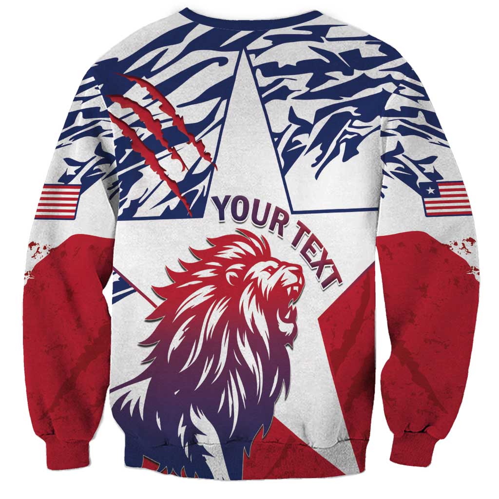 Personalized Liberia lion graphic sweatshirt back, red/blue/white crewneck, 'YOUR TEXT'