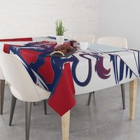 Lion grunge style tablecloth in red and navy with white background, draped on table
