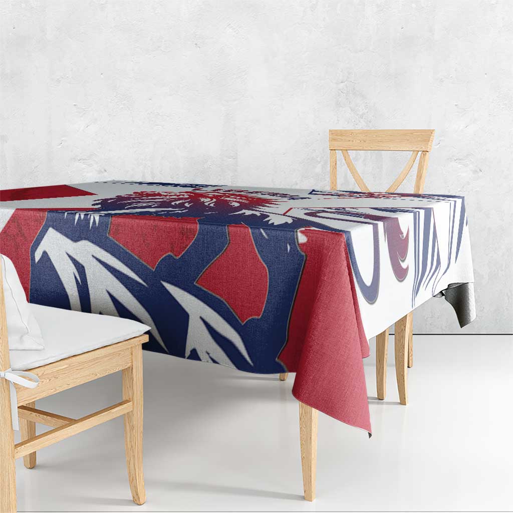 Lion grunge style tablecloth in red, navy and white with abstract flag-like graphics