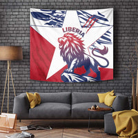 Liberia flag grunge tapestry with roaring lion graphic in red, white, and blue
