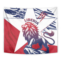 Close-up Liberia grunge tapestry with LIBERIA text and roaring lion in red, white, blue