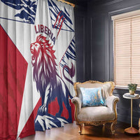 Grunge style window curtain with lion flag print, white fabric with red and blue accents