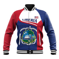 Baseball jacket with red/blue raglan sleeves, zip front, crest graphic and stripes