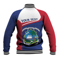 Baseball jacket back with 'YOUR TEXT' band, red/blue raglan sleeves, crest emblem