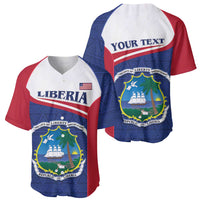 Baseball jersey pair: front with Liberia flag, back with 'YOUR TEXT', blue/red design