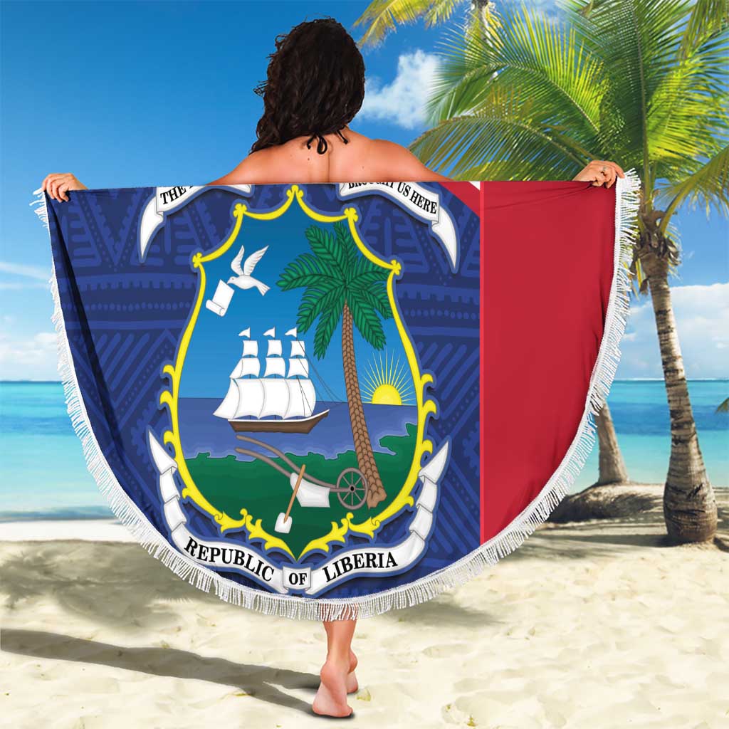 Beach blanket displayed in full, blue Liberia coat of arms with 'Your Text' banner.