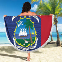 Beach blanket displayed in full, blue Liberia coat of arms with 'Your Text' banner.