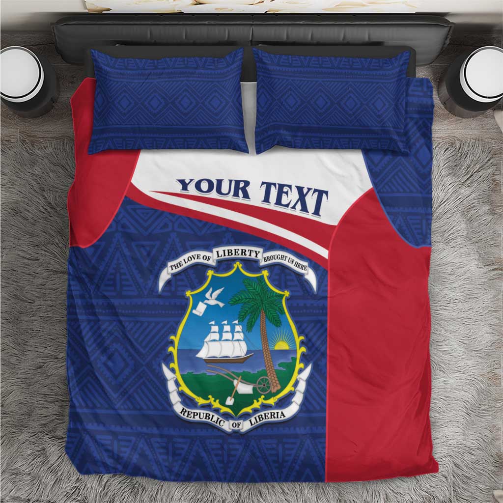 Personalized Liberia bedding set with blue pattern, red sides, white band, coat of arms.