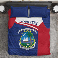 Personalized Liberia bedding set with blue pattern, red sides, white band, coat of arms.