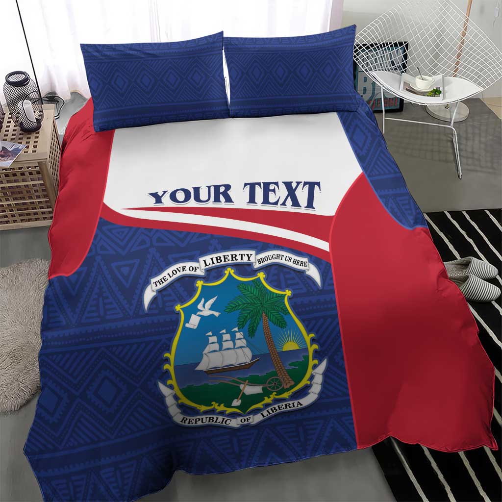 Personalized Liberia bedding set: blue geometric fabric with red side panels and crest graphic.