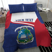 Personalized Liberia bedding set: blue geometric fabric with red side panels and crest graphic.