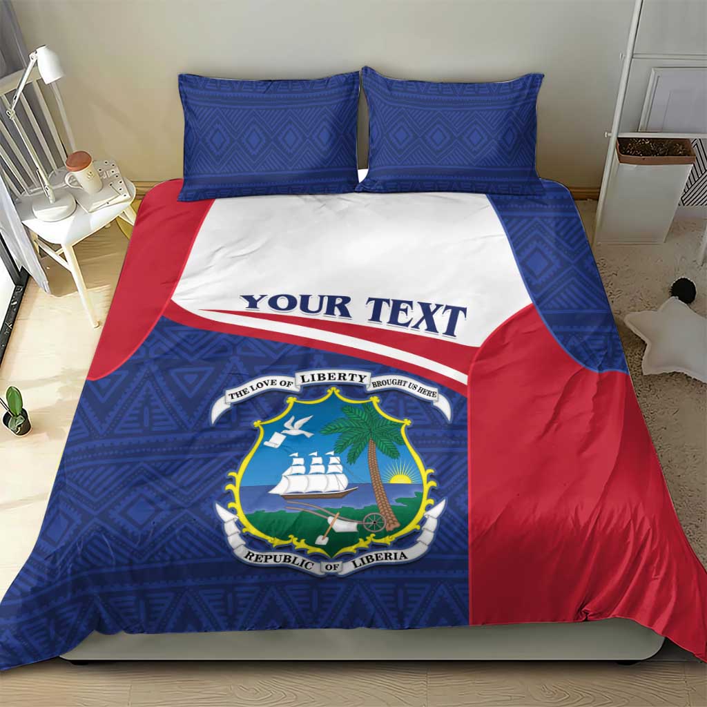 Personalized Liberia duvet cover with blue pattern, red side drape, white band and crest.