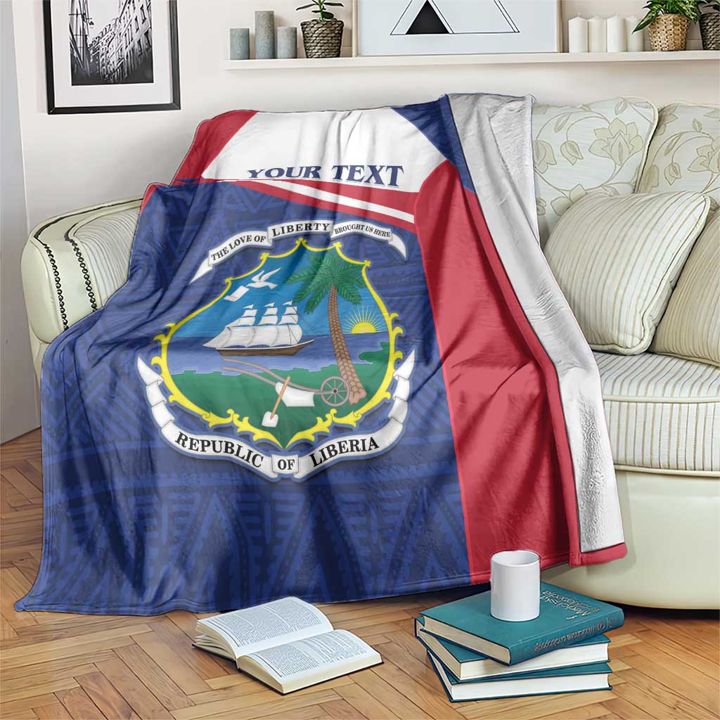 Liberia blanket coat with blue front, red/white borders, and crest with 'Your Text'