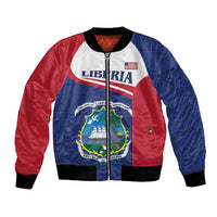 Red/blue bomber jacket with Liberia crest graphic, front zip, black ribbed cuffs
