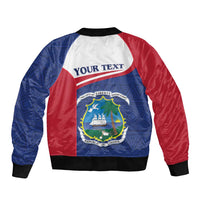 Blue and red bomber jacket with 'YOUR TEXT' band and Liberia crest, black ribbed hem