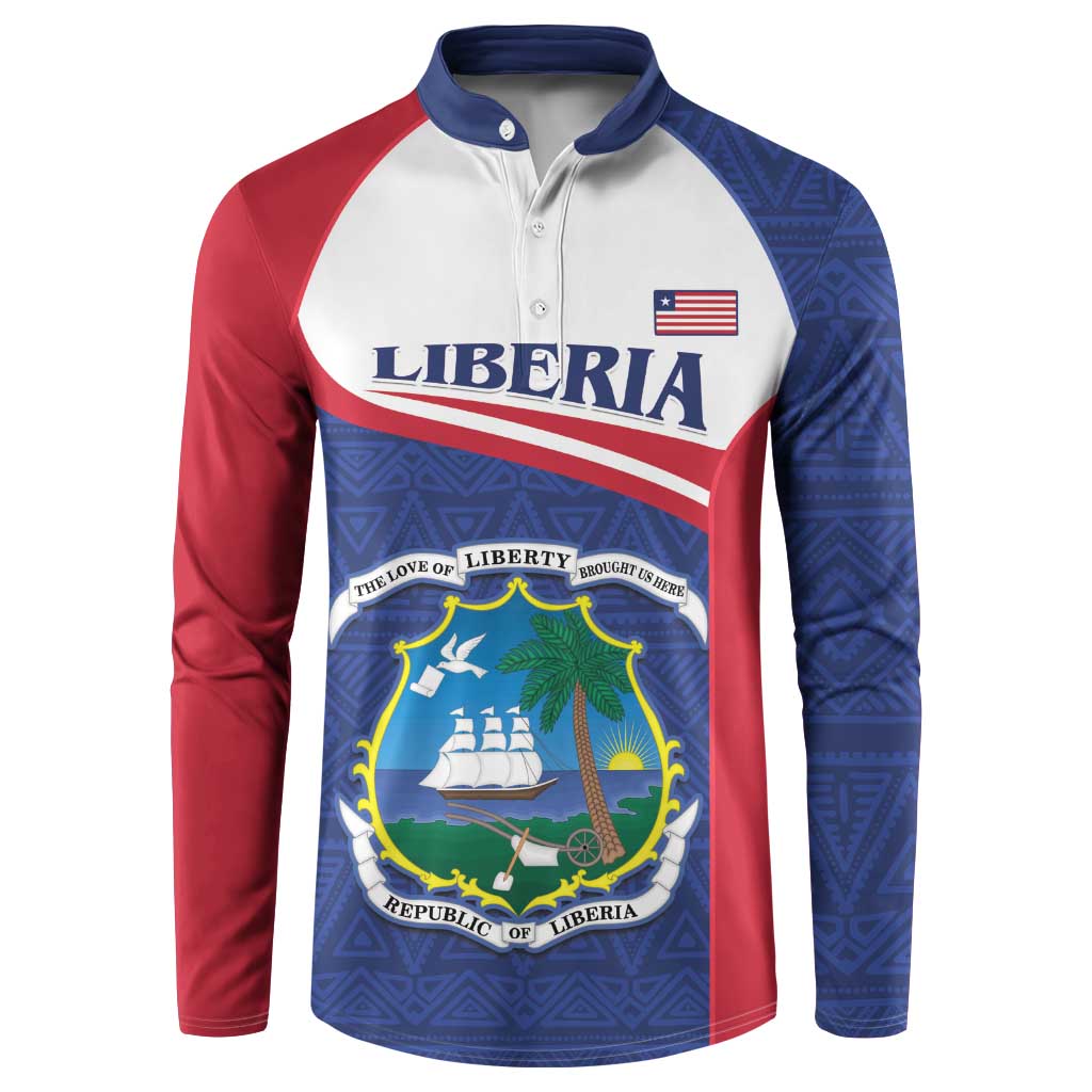 Blue and burgundy raglan button sweatshirt with Liberia flag and crest graphic