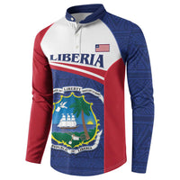 Raglan button sweatshirt in blue and burgundy with Liberia text and crest graphic