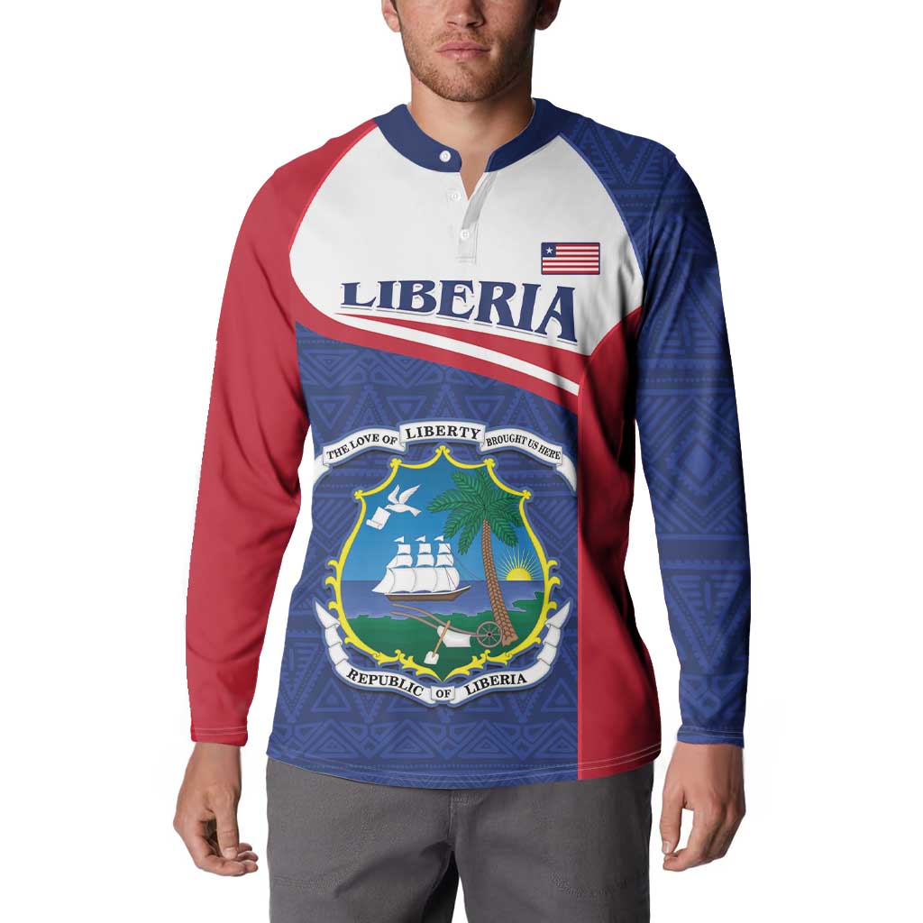 Blue and burgundy Liberia crest raglan button sweatshirt with long sleeves
