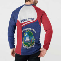 Back raglan button sweatshirt in blue and burgundy with 'YOUR TEXT' and Liberia crest