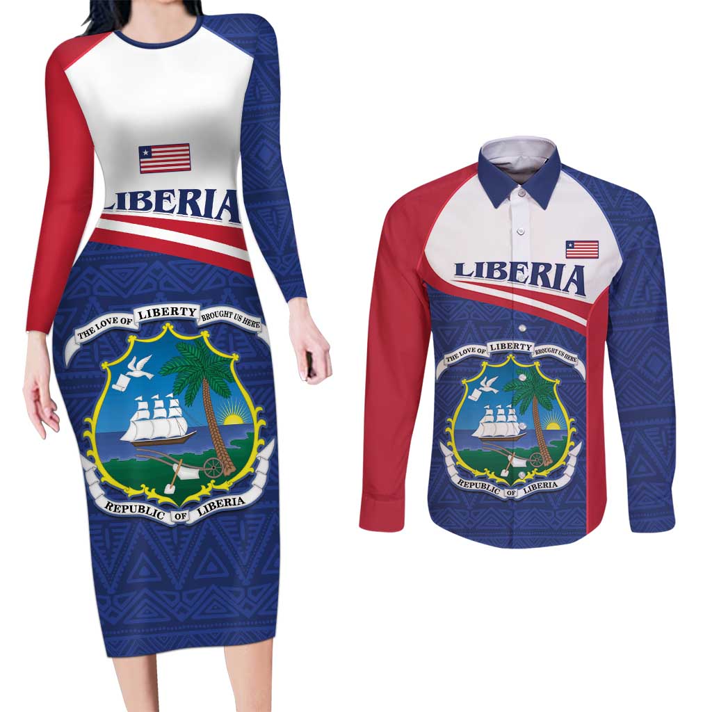 Personalised Liberia Couples Matching Long Sleeve Bodycon Dress and Long Sleeve Button Shirt Coat Of Arms - African Pattern - Wonder Print Shop