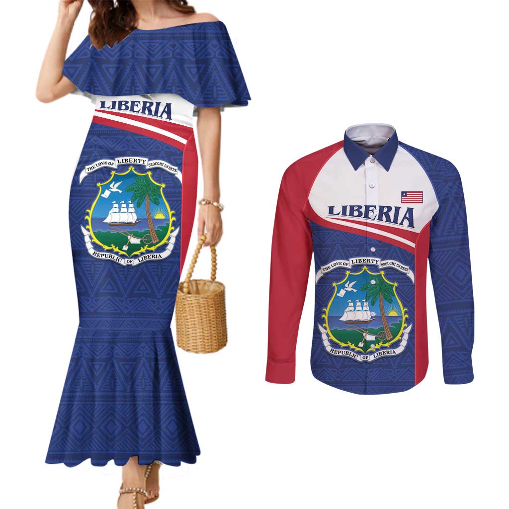 Personalised Liberia Couples Matching Mermaid Dress and Long Sleeve Button Shirt Coat Of Arms - African Pattern