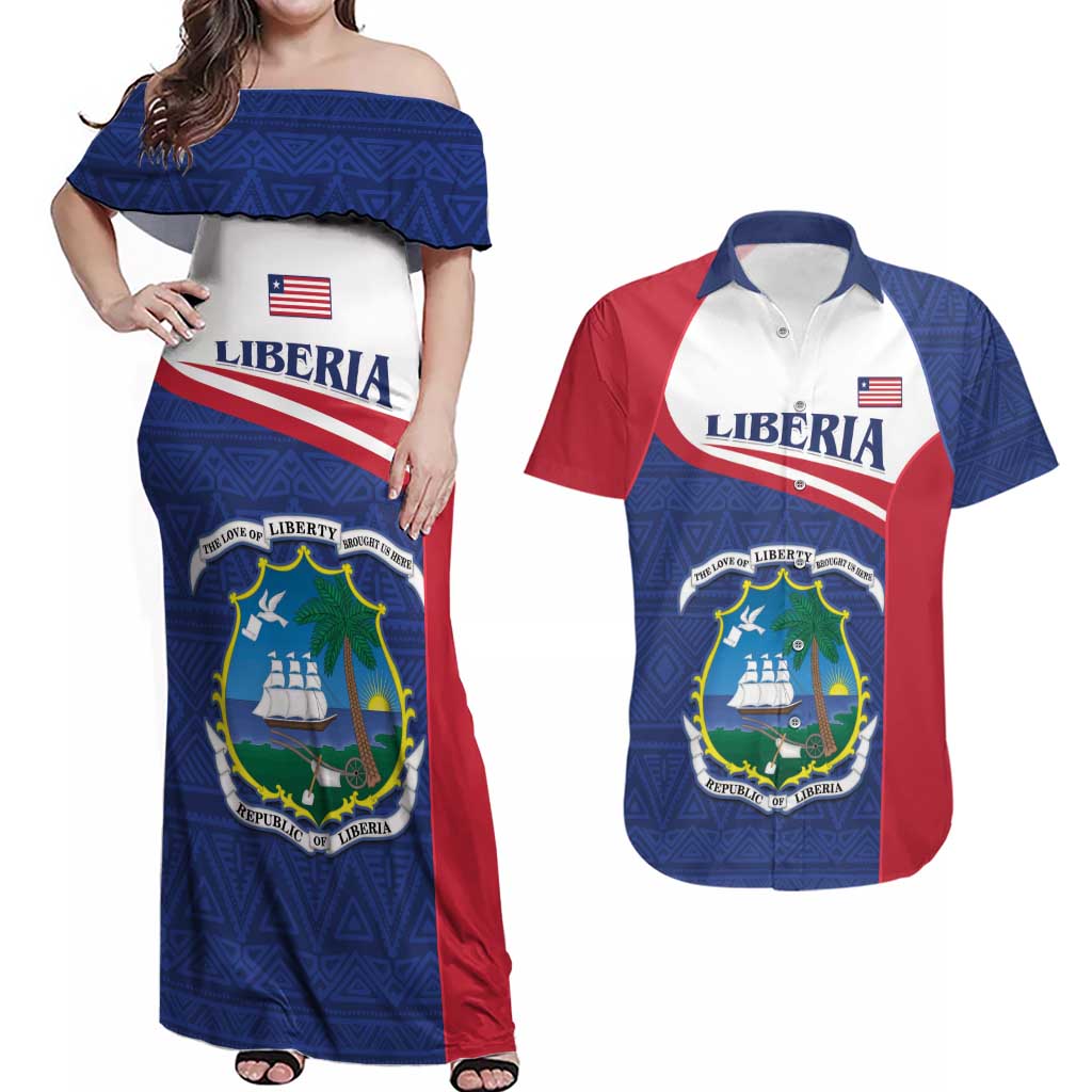 Personalised Liberia Couples Matching Off Shoulder Maxi Dress and Hawaiian Shirt Coat Of Arms - African Pattern - Wonder Print Shop