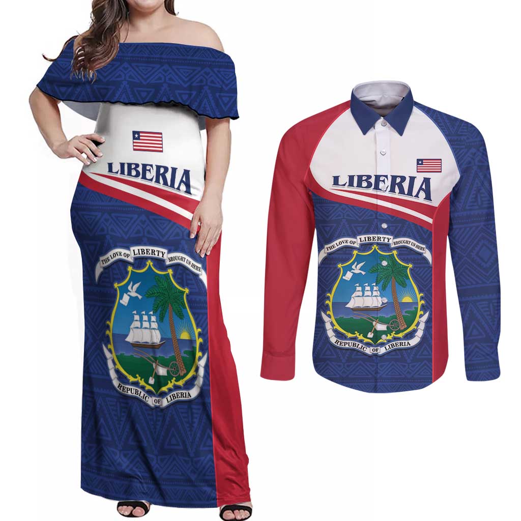 Personalised Liberia Couples Matching Off Shoulder Maxi Dress and Long Sleeve Button Shirt Coat Of Arms - African Pattern - Wonder Print Shop