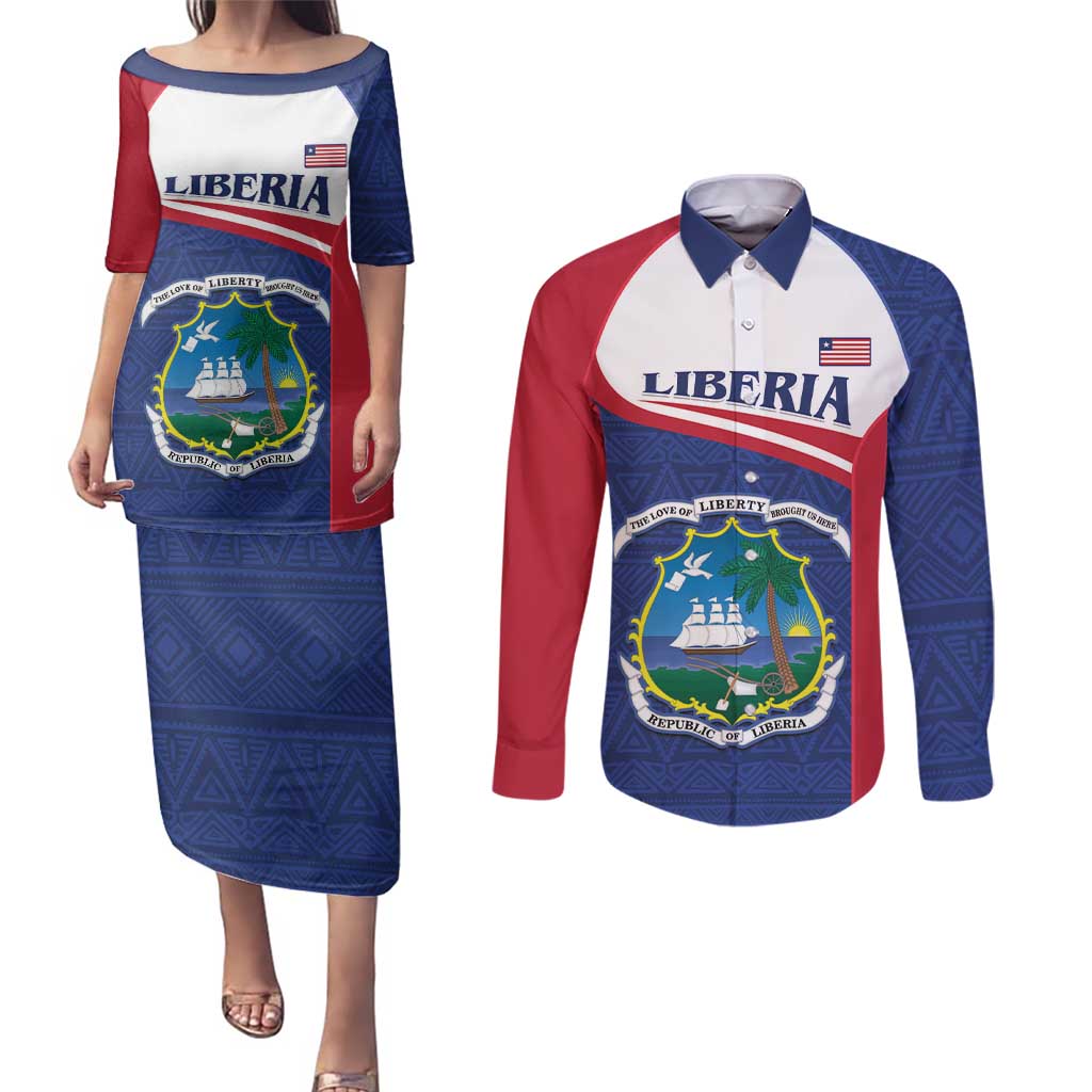 Personalised Liberia Couples Matching Puletasi and Long Sleeve Button Shirt Coat Of Arms - African Pattern - Wonder Print Shop