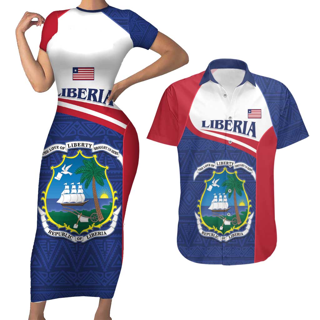 Personalised Liberia Couples Matching Short Sleeve Bodycon Dress and Hawaiian Shirt Coat Of Arms - African Pattern - Wonder Print Shop