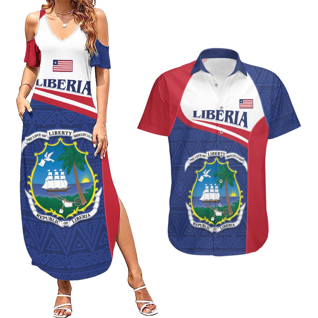 Personalised Liberia Couples Matching Summer Maxi Dress and Hawaiian Shirt Coat Of Arms - African Pattern - Wonder Print Shop