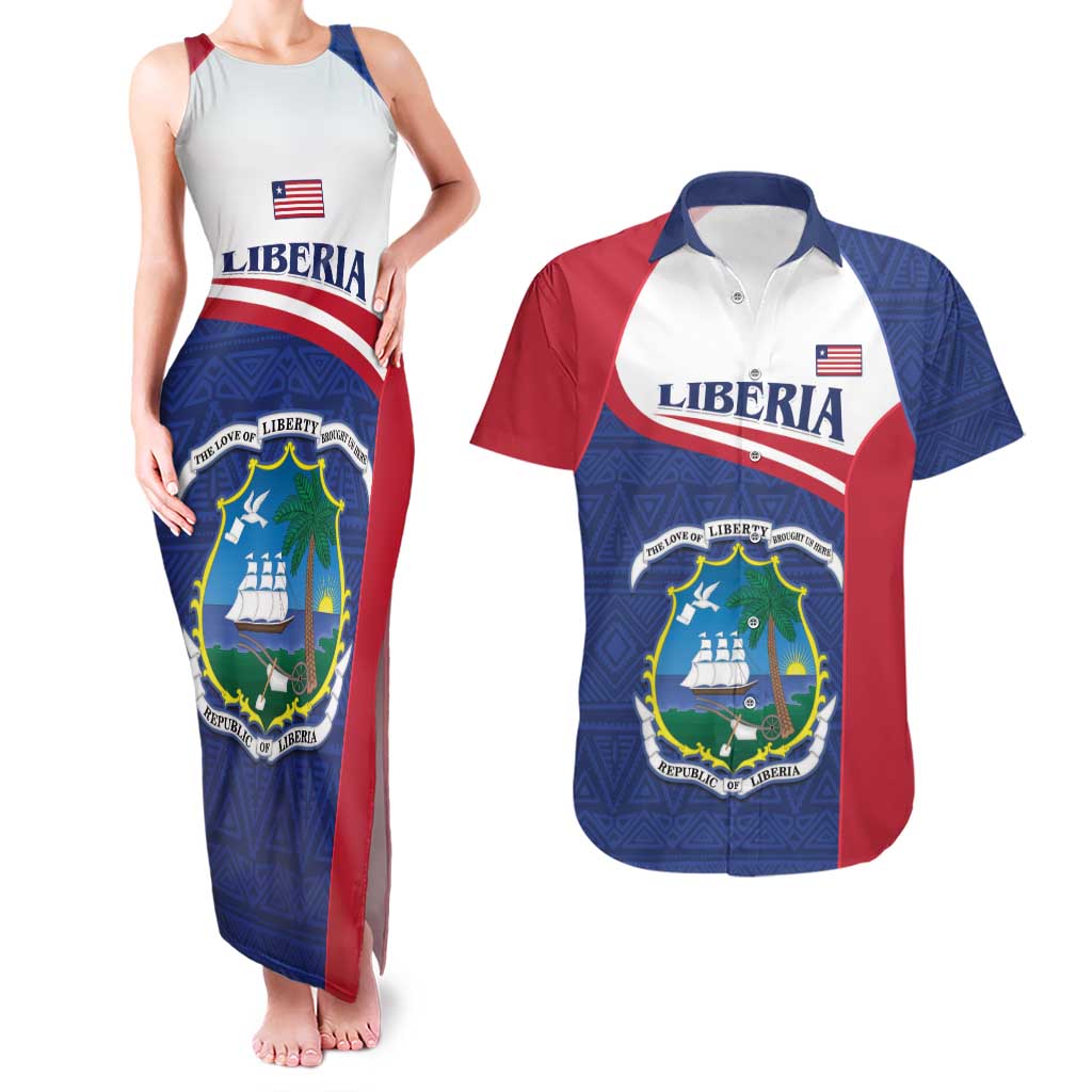 Personalised Liberia Couples Matching Tank Maxi Dress and Hawaiian Shirt Coat Of Arms - African Pattern - Wonder Print Shop