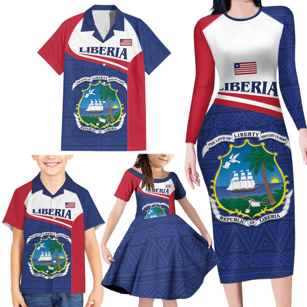 Personalised Liberia Family Matching Long Sleeve Bodycon Dress and Hawaiian Shirt Coat Of Arms - African Pattern - Wonder Print Shop