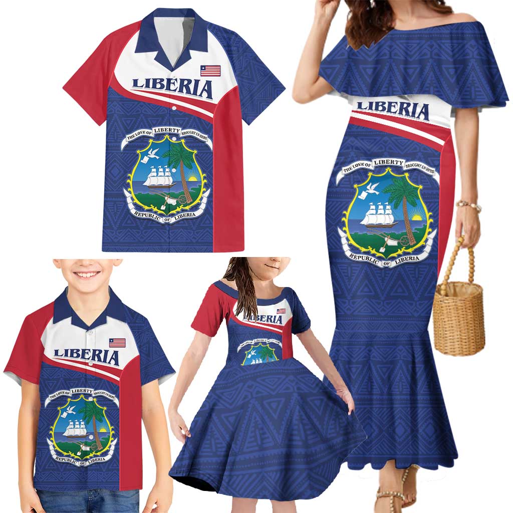 Personalised Liberia Family Matching Mermaid Dress and Hawaiian Shirt Coat Of Arms - African Pattern - Wonder Print Shop