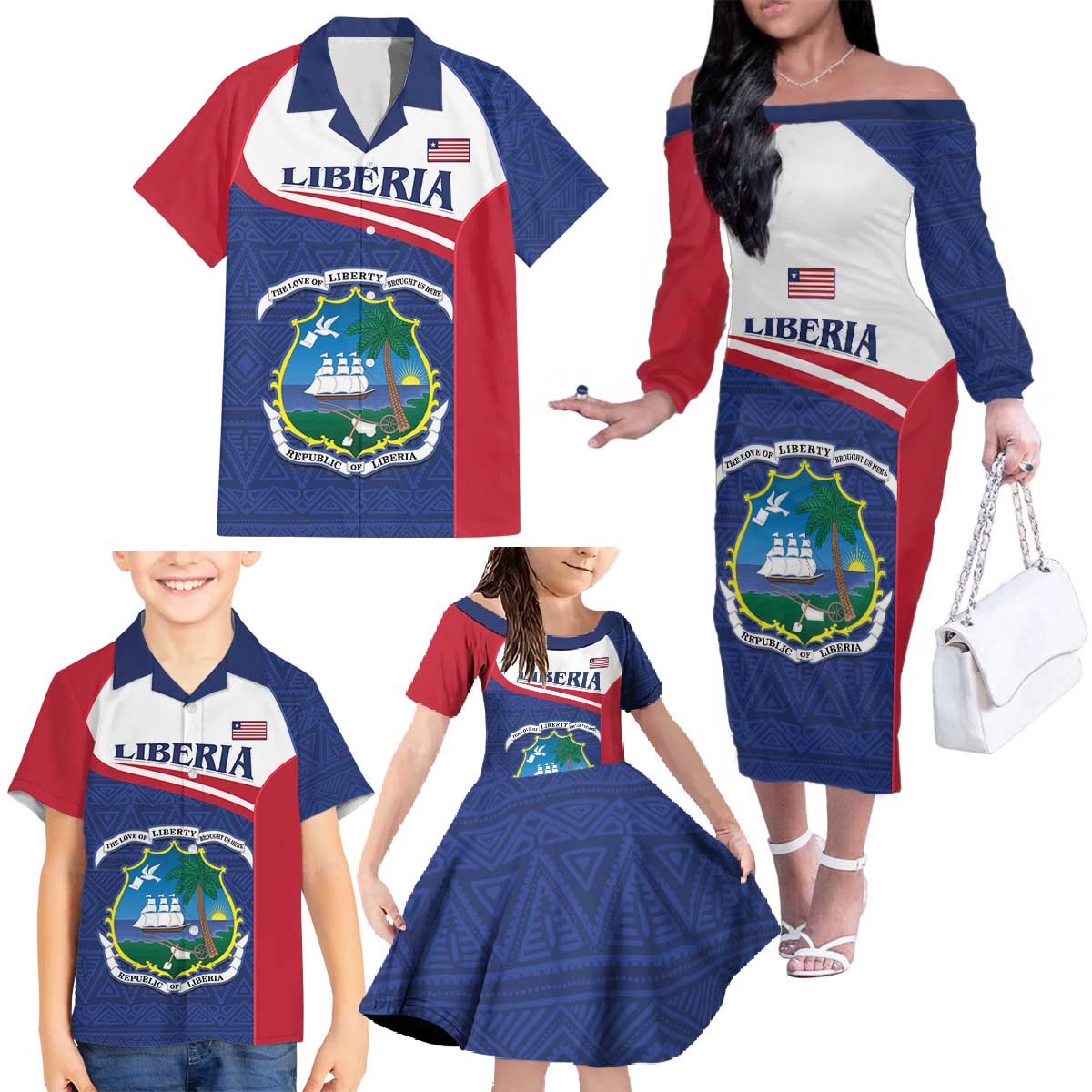 Personalised Liberia Family Matching Off The Shoulder Long Sleeve Dress and Hawaiian Shirt Coat Of Arms - African Pattern - Wonder Print Shop