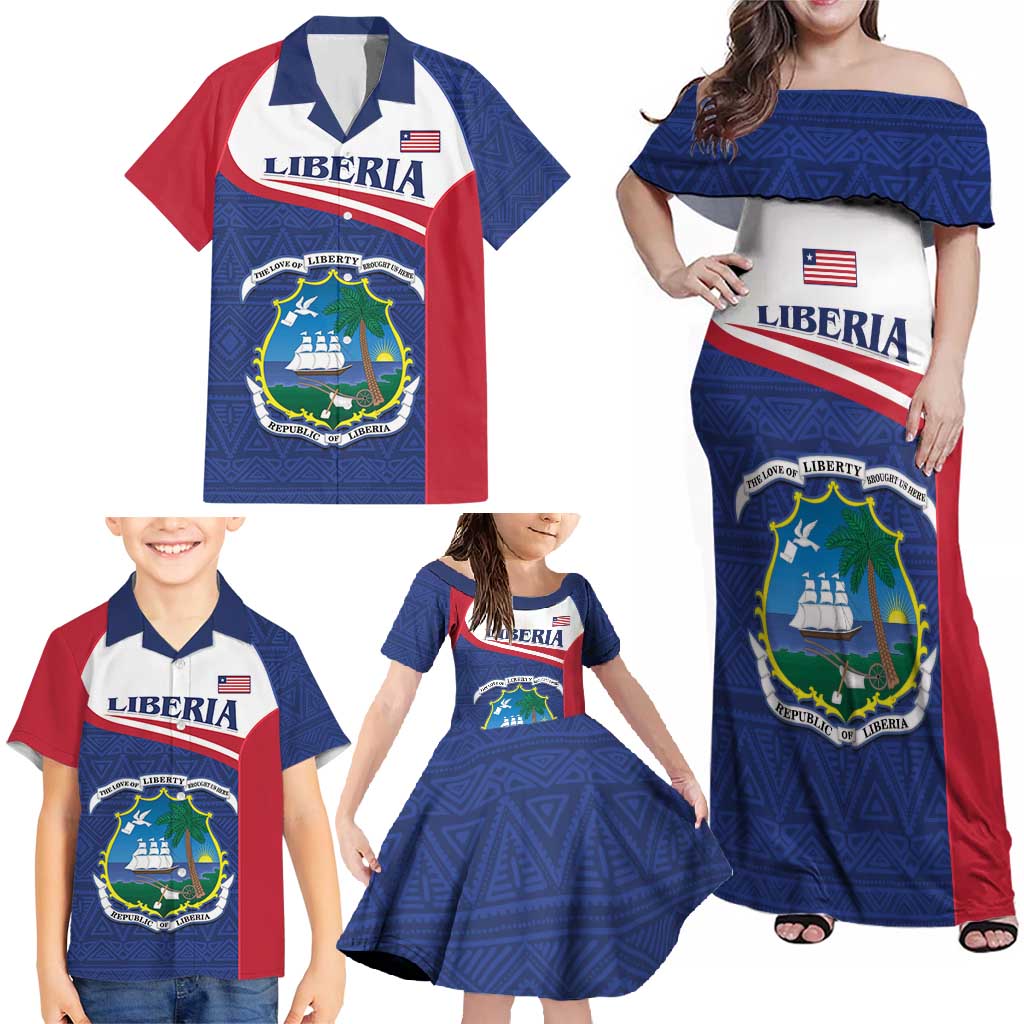 Personalised Liberia Family Matching Off Shoulder Maxi Dress and Hawaiian Shirt Coat Of Arms - African Pattern - Wonder Print Shop