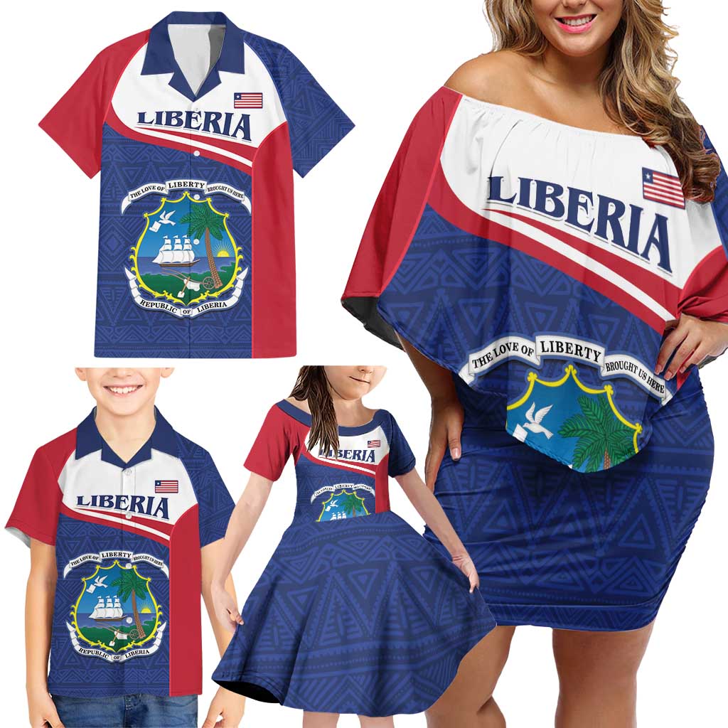 Personalised Liberia Family Matching Off Shoulder Short Dress and Hawaiian Shirt Coat Of Arms - African Pattern - Wonder Print Shop