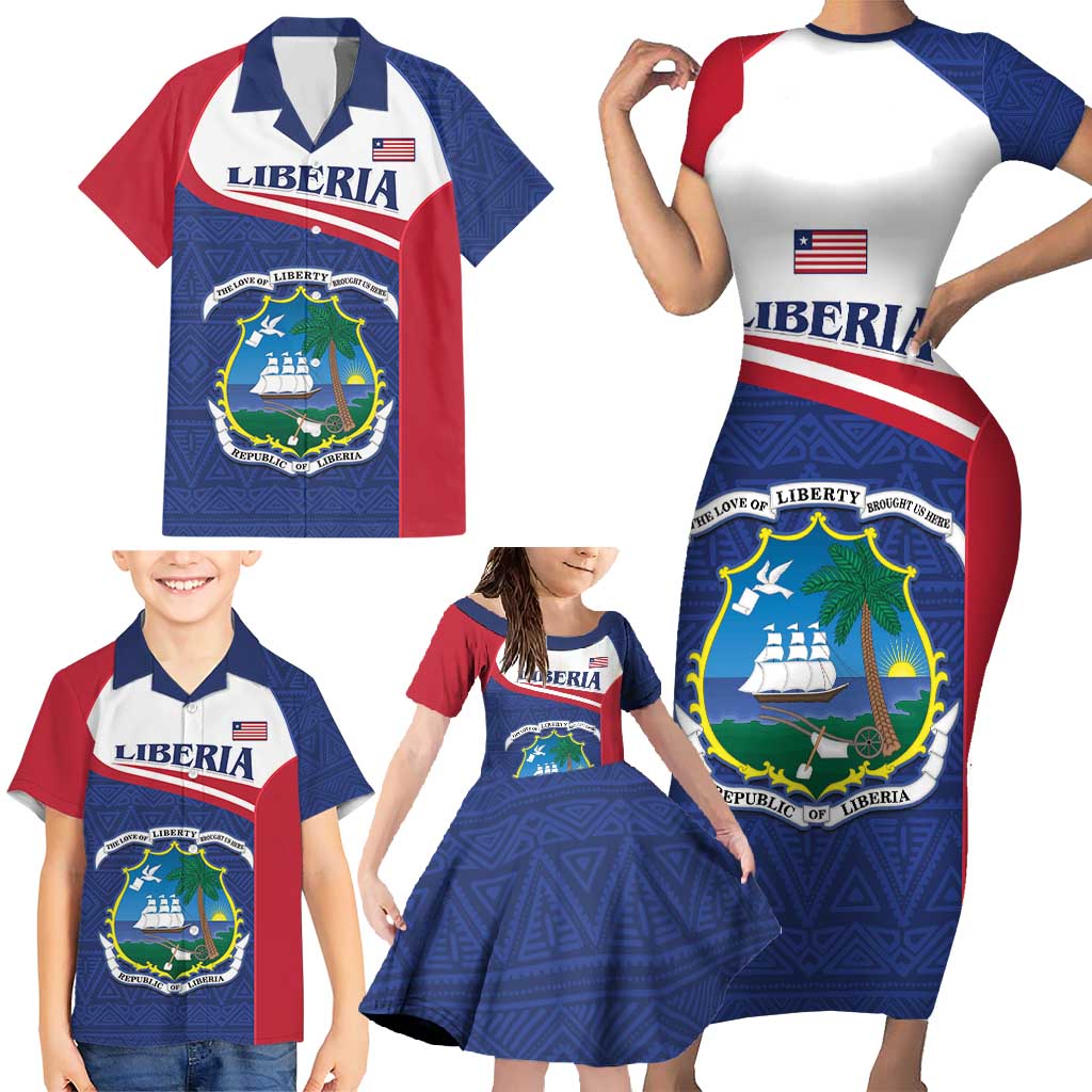 Personalised Liberia Family Matching Short Sleeve Bodycon Dress and Hawaiian Shirt Coat Of Arms - African Pattern - Wonder Print Shop