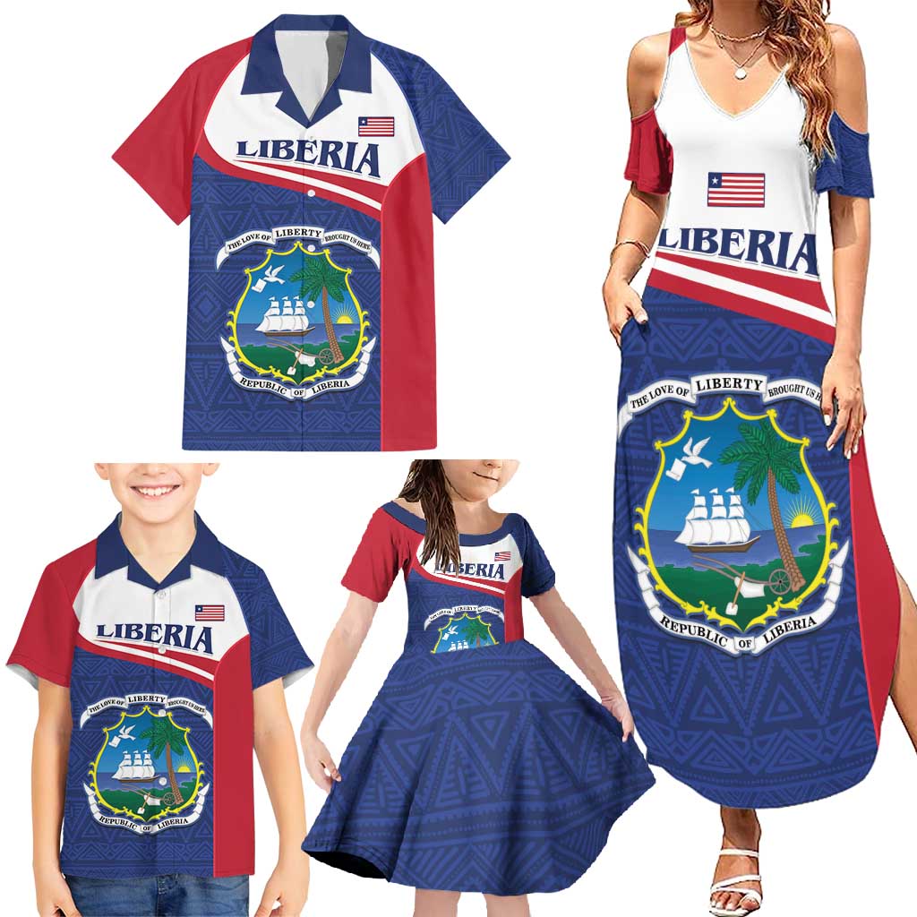 Personalised Liberia Family Matching Summer Maxi Dress and Hawaiian Shirt Coat Of Arms - African Pattern - Wonder Print Shop