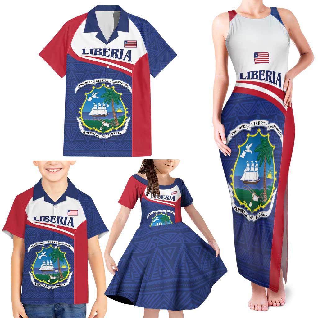 Personalised Liberia Family Matching Tank Maxi Dress and Hawaiian Shirt Coat Of Arms - African Pattern - Wonder Print Shop