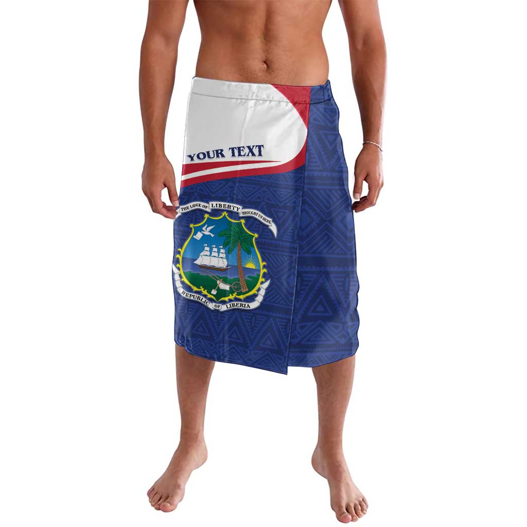 Blue personalized lavalava skirt with Liberia coat of arms emblem and 'Your Text' panel