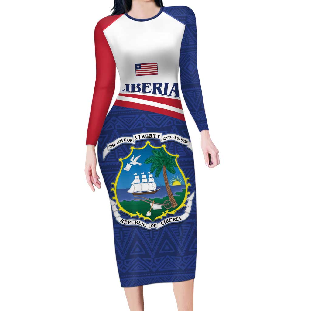 Personalised Liberia Long Sleeve Bodycon Dress Coat Of Arms - African Pattern - Wonder Print Shop