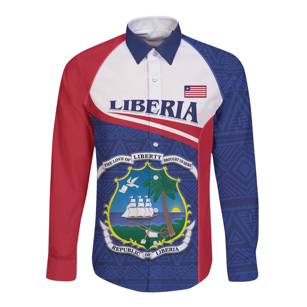 Personalized Liberia button shirt with coat of arms crest, blue and red long sleeves